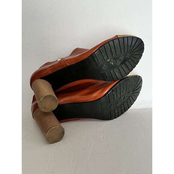 Cri de Coeur •11• Ankle Boots Heels Round Orange Gold Cap Toe Zip Wood Stacked - Picture 9 of 11